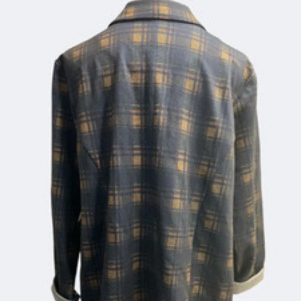 Liverpool Blazer Women 1X Navy Brown Tartan Plaid Relaxed Boyfriend Flap Pockets